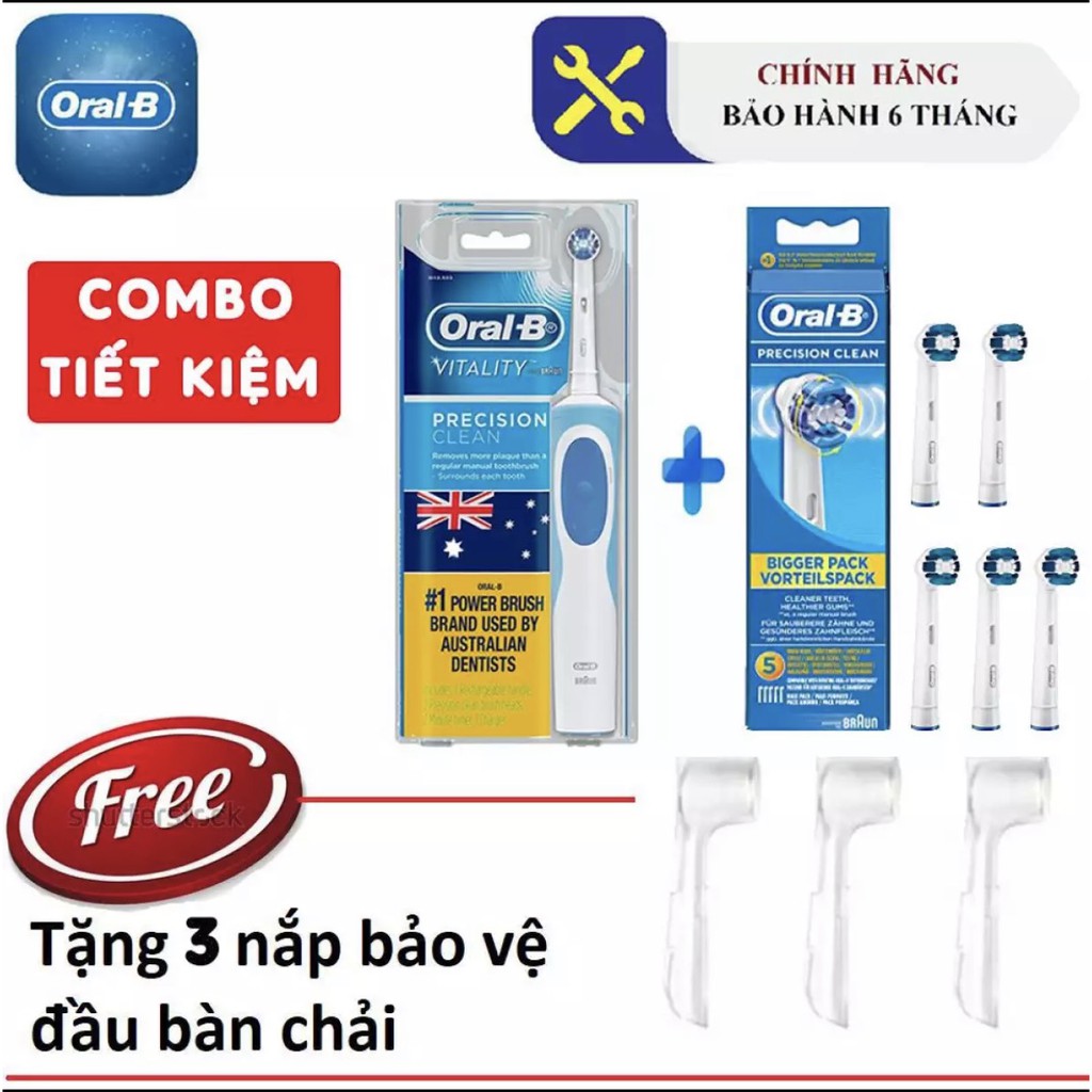 Bộ bàn chải điện Oralb Vitality Precision Clean + Vỉ 5 đầu bàn chải (bảo hành 6T + Tặng kèm 03 nắp chụp đầu bàn chải)