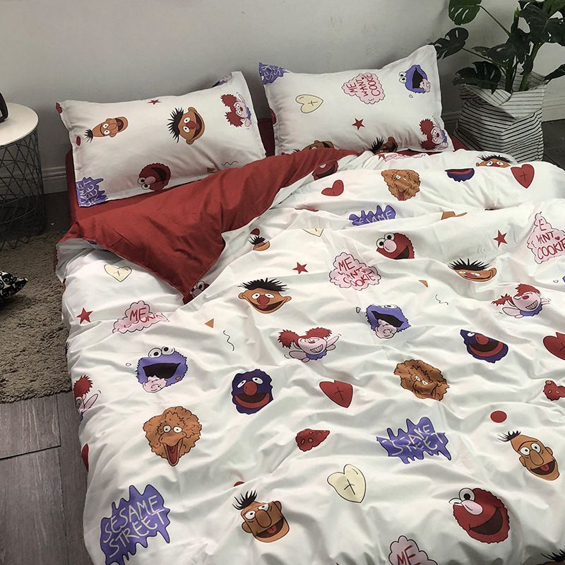 Bộ Vỏ Chăn Ga Gối Đệm Phẳng In Hình Sesame Street Trang Trí Nhà Cửa