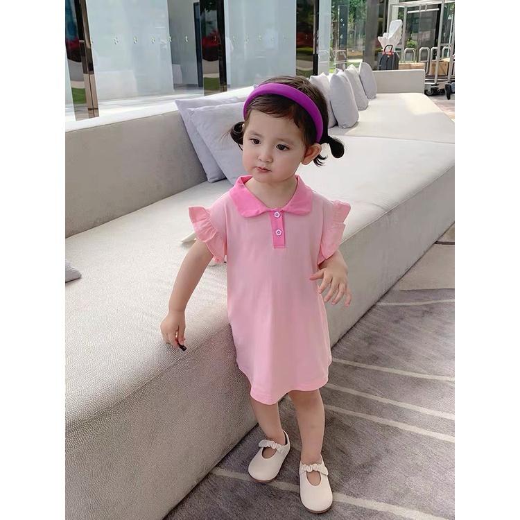 Váy hồng cotton cổ trụ dáng xuông xinh xắn cho bé gái từ 8 - 18kg