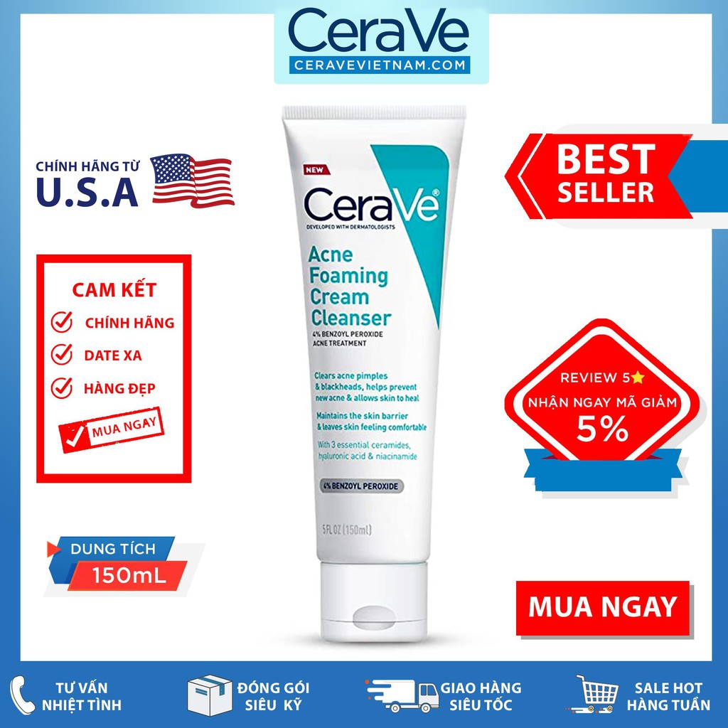 [Mã COS1904 giảm 8% đơn 300K] Sữa rửa mặt CeraVe Acne Foaming Cream Cleanser (150mL)