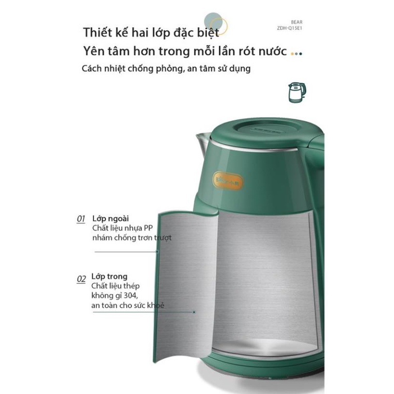 Ấm bình đun nước siêu tốc Bear ZDH-D17K2 1,7L, công suất 1800W, 2 lớp cách nhiệt chống bỏng, Hàng Chính Hãng,BH 12 tháng