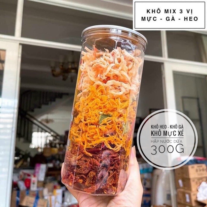 KHÔ MIX 3 VỊ HỦ 300G: khô heo, khô gà, khô mực hấp nước dừa