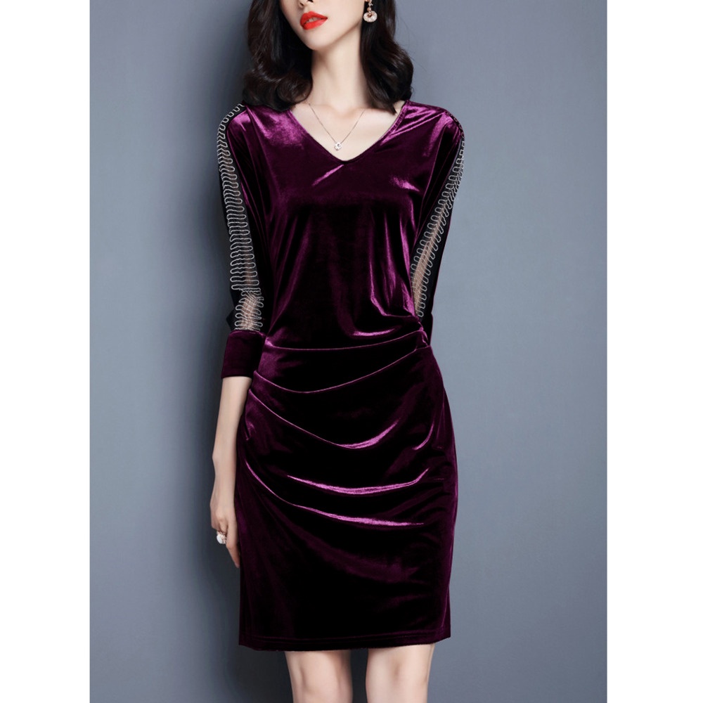 Đầm Nhung Dáng Ôm Cổ Chữ V Màu Trơn Thời Trang Thanh Lịch Dành Cho Nữ