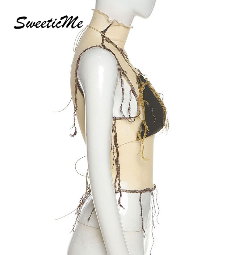 SweeticMe Women's 2021 New Sleeveless Sexy Hollow Fashion Stitching Backless Halter Slim Vest | BigBuy360 - bigbuy360.vn