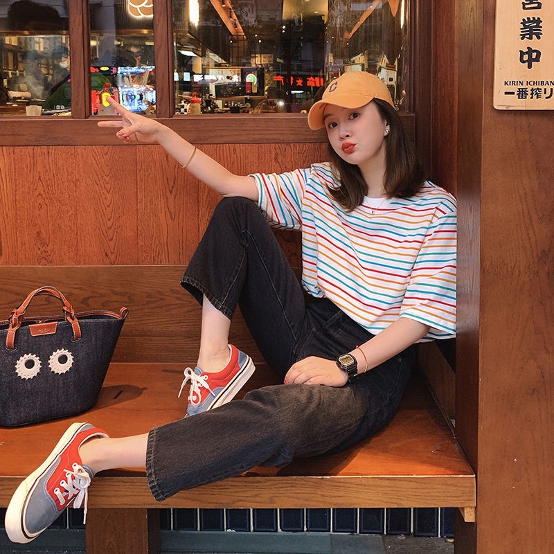 Áo Thun Tay Ngắn Cổ Tròn Dáng Rộng Họa Tiết Kẻ Sọc Nhiều Màu Sắc Phong Cách Hàn Quốc Thời Trang Mùa Hè Cho Nữ