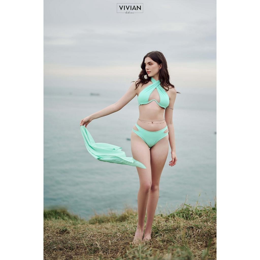 Đồ bơi nữ cao cấp 𝐕𝐈𝐕𝐈𝐀𝐍 dạng hai mảnh lưng thấp, phối váy cover &amp; tạo hình hoa - màu Xanh ngọc - VS197_TU