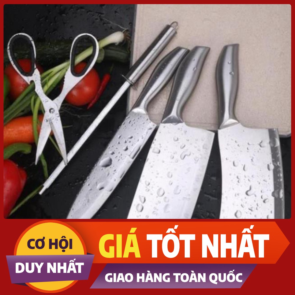 Bộ Dao Nhật 6 Món Inox Nhà Bếp Nguyên Khối Cao Cấp Kèm Khay Đựng