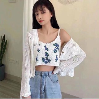 Áo 2 dây Len Thêu Hoa Dáng Ngắn