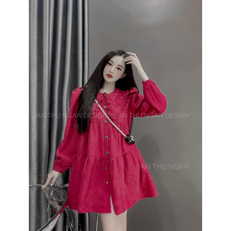 (Sale FreeShip) Mẫu mới Đầm tiểu thư from babydoll tay dài cổ bèo cài nút dễ thương,chất nhung tăm cao cấp hàng chuẩn