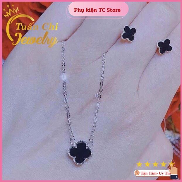 GIẢM SỐC Set Bạc Cỏ Bốn Lá Đen Siêu Hot, Dây Chuyền Nữ, Bông Tai Bạc Mẫu Mới Nhất