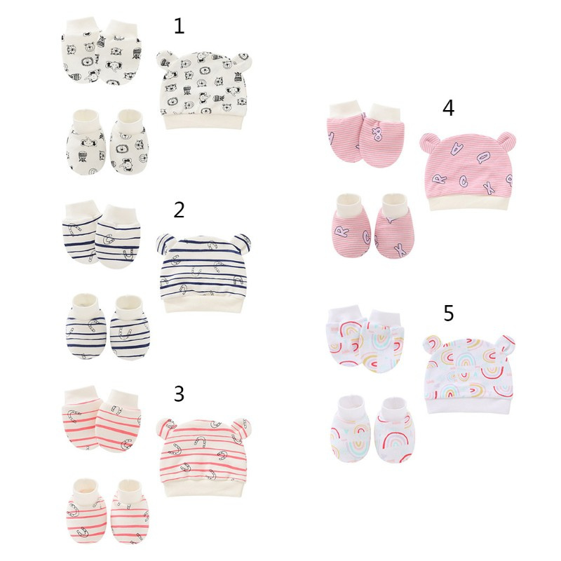 Bộ bao chân + mũ + bao tay cotton chống xước cho bé sơ sinh