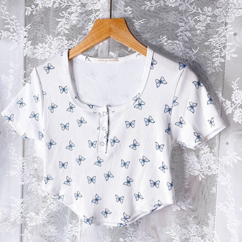 Áo croptop butterfly vạt bầu nút bấm ( Kèm hình thật )