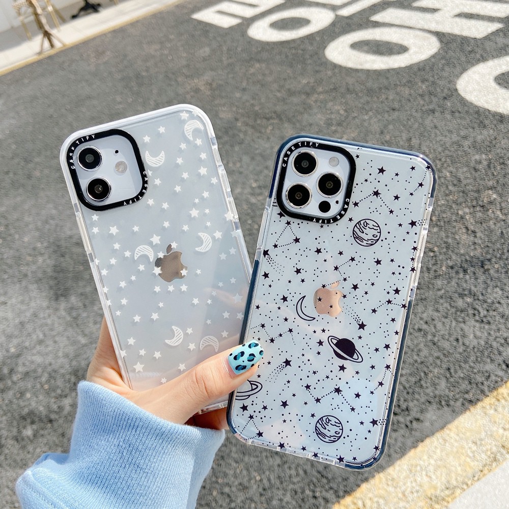 Apple iPhone 7 8 Plus 7+ 8+ X XS XR 11 11Pro 12 Mini 12Mini Pro Max XSMax SE 2020 insta Style Casetify Tide Brand Cute Cartoon Moon Star Meteor Planet Space Lens Protection Flexible Soft Silicone TPU Case Cover Anti-Drop Casing