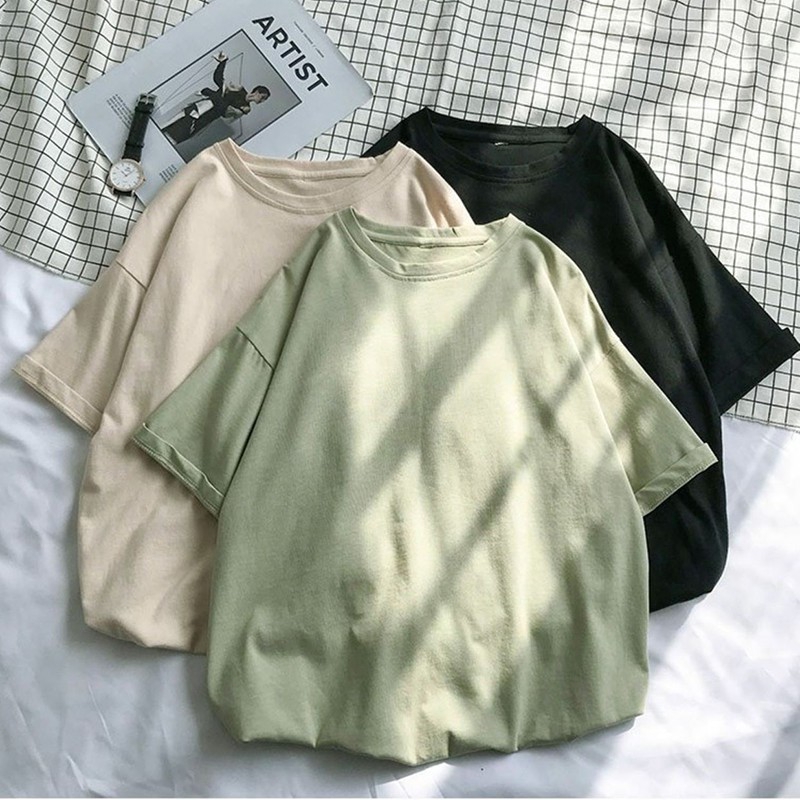 Áo thun IELGY tay ngắn dáng rộng màu trơn trẻ trung cho nữ