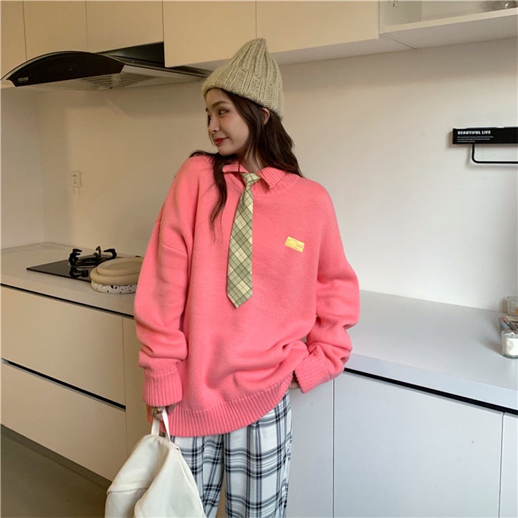 Áo sweater tay dài dáng rộng cổ polo thiết kế mới thời trang theo phong cách hàn quốc