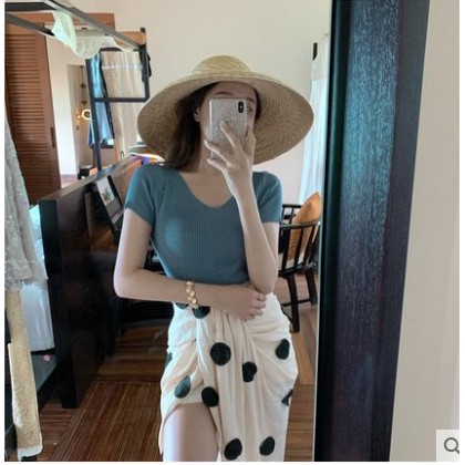 Áo Dệt Kim Nữ Tay Ngắn Cổ Chữ V Thời Trang Hàn Quốc | BigBuy360 - bigbuy360.vn