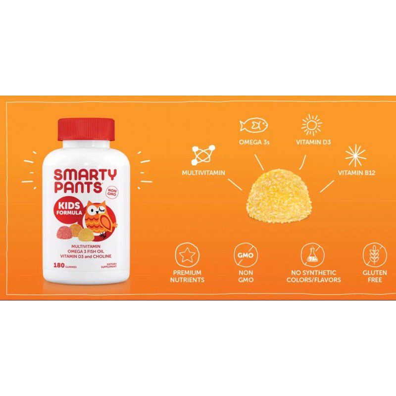 [Date 2024] Kẹo dẻo tăng đề kháng, trí não, thị lực, tim mạch, chiều cao, tiêu hoá cho trẻ Smarty Pants Vitamin 180v