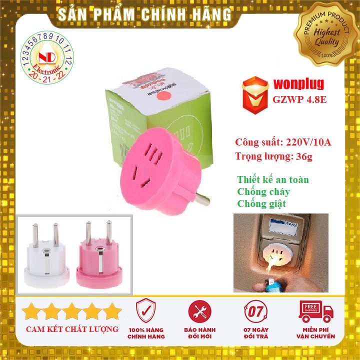 [Chính Hãng] Phích Cắm chuyển đổi 3 chân DẸT chuẩn EU sang 2 chân tròn chuẩn VN - Model: GZWP 4.8E