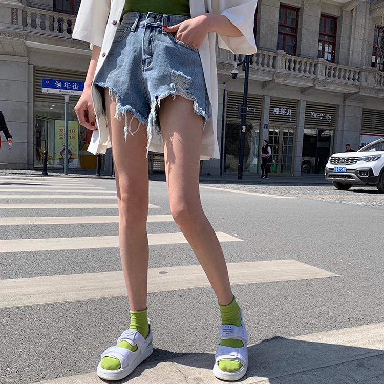 Xiaozhainv Quần short denim màu trơn phối rách thời trang cho nữ | BigBuy360 - bigbuy360.vn