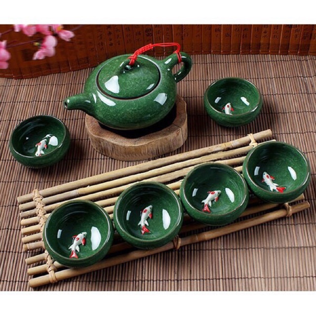 Bộ ấm chén cá 3D men Ngọc