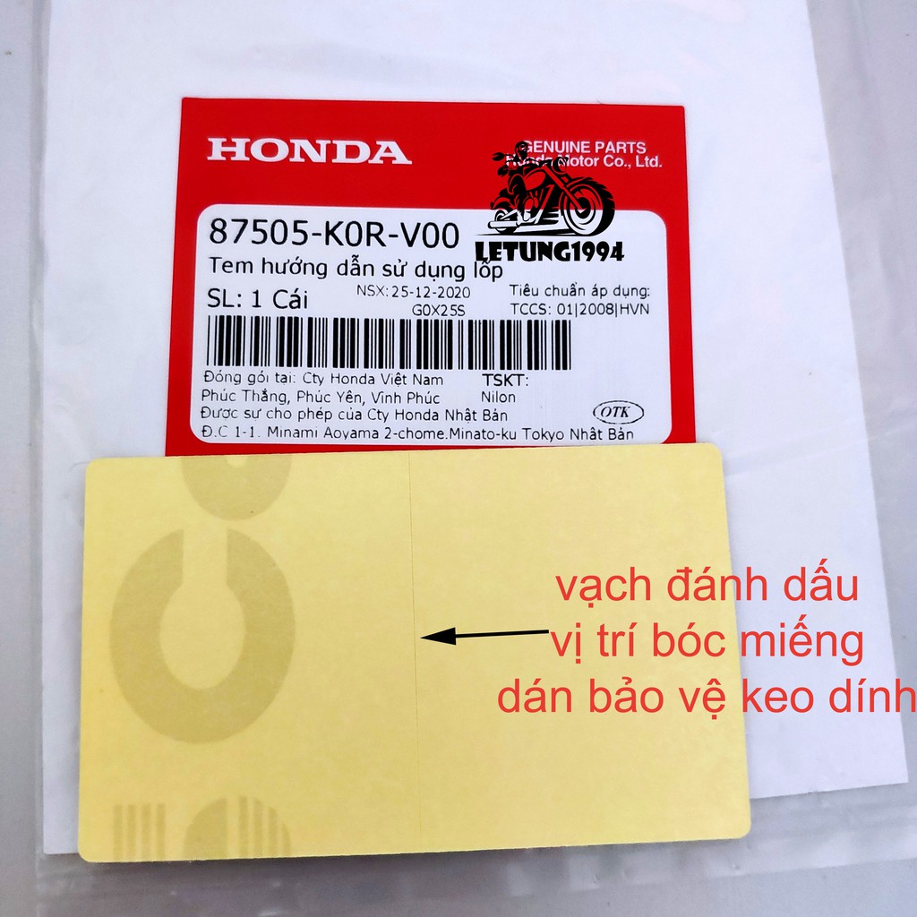 Tem thông số lốp Honda SH, Airblade AB, Vario Chính hãng