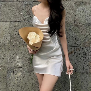 [sẵn trắng , đen ] Đầm Lụa Satin Cổ Đổ Form Ngắn Siêu Xinh- BABICHE