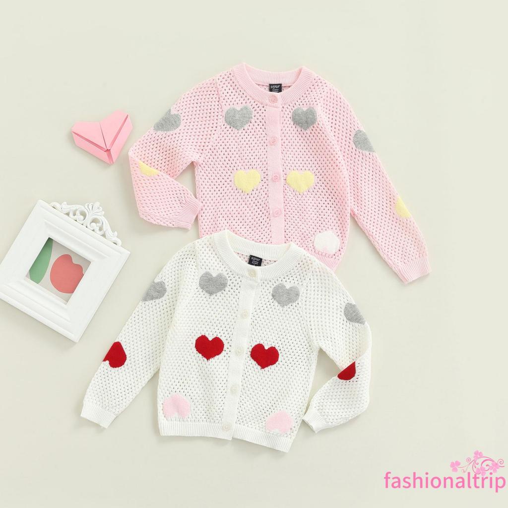 Áo khoác cardigan tay dài cổ tròn in họa tiết trái tim phong cách thời trang thu đông cho bé 1-9 tuổi