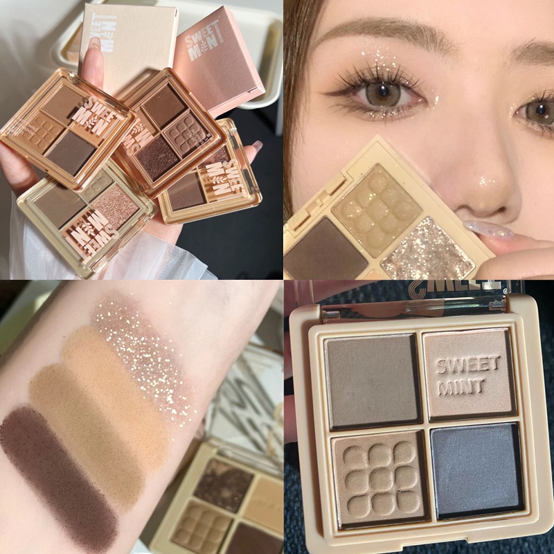 [Hàng mới về]Bảng Phấn Mắt SWEET MINT 4 Màu Lì Và Màu Nhũ Kim Tuyến Trang Điểm Lâu Trôi