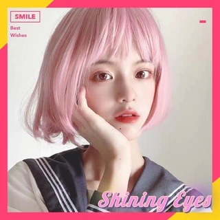Tóc giả ngắn màu hồng tự nhiên kiểu lolita cho nữ mặt tròn cosplay đội hằng ngày