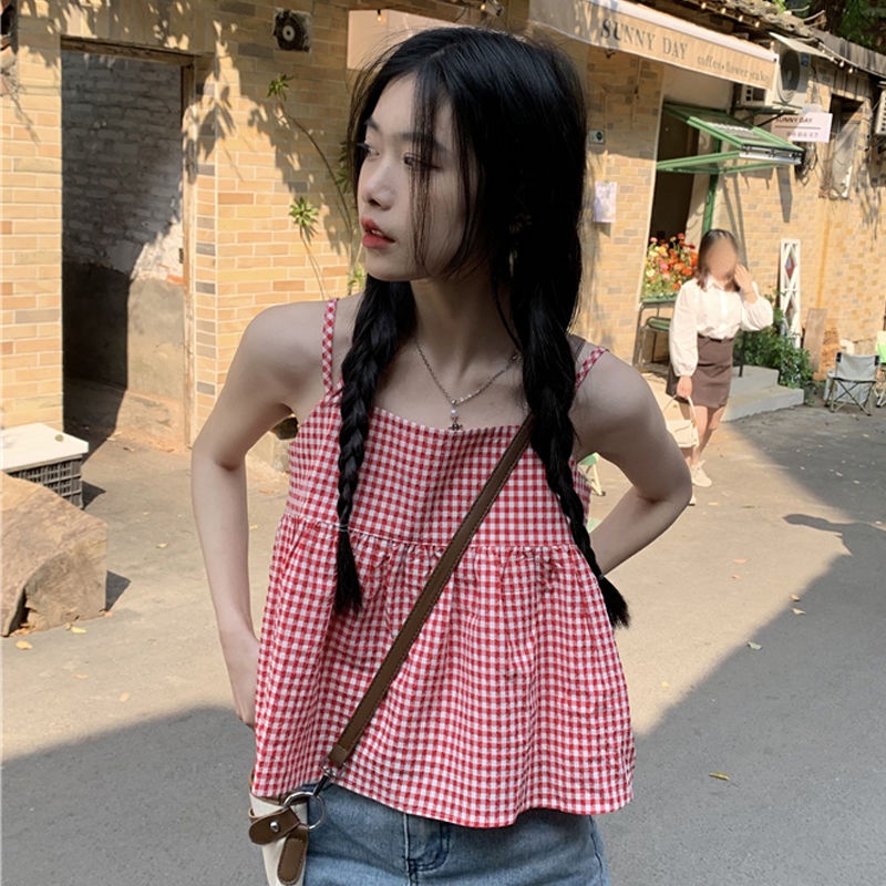 Áo Hai Dây Dáng Rộng Hở Lưng Họa Tiết Kẻ Sọc Màu Đỏ Thời Trang Mùa Hè Hàn Quốc Cho Nữ