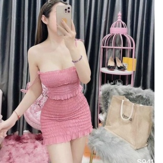set áo 2 dây cột nơ vai kèm chân váy nhún nhún siêu xinh