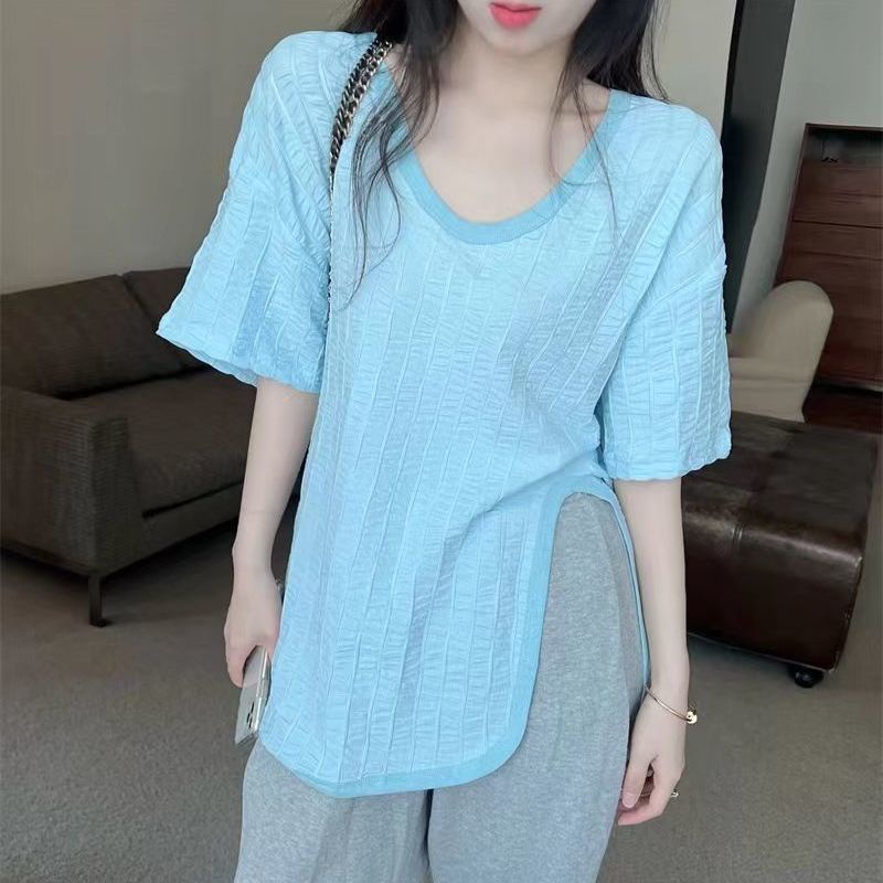 Áo Thun Tay Ngắn Cổ Chữ V Xẻ Tà Thời Trang Phong Cách Hàn Quốc Cho Nữ