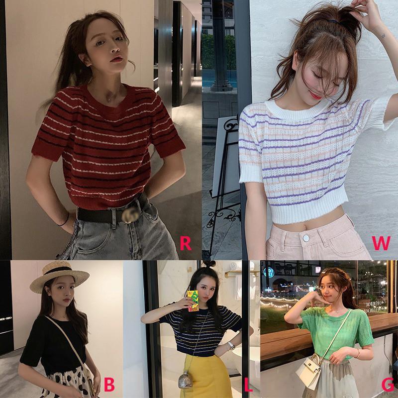 Áo thun dệt kim tay ngắn cổ tròn phong cách Hàn Quốc | BigBuy360 - bigbuy360.vn