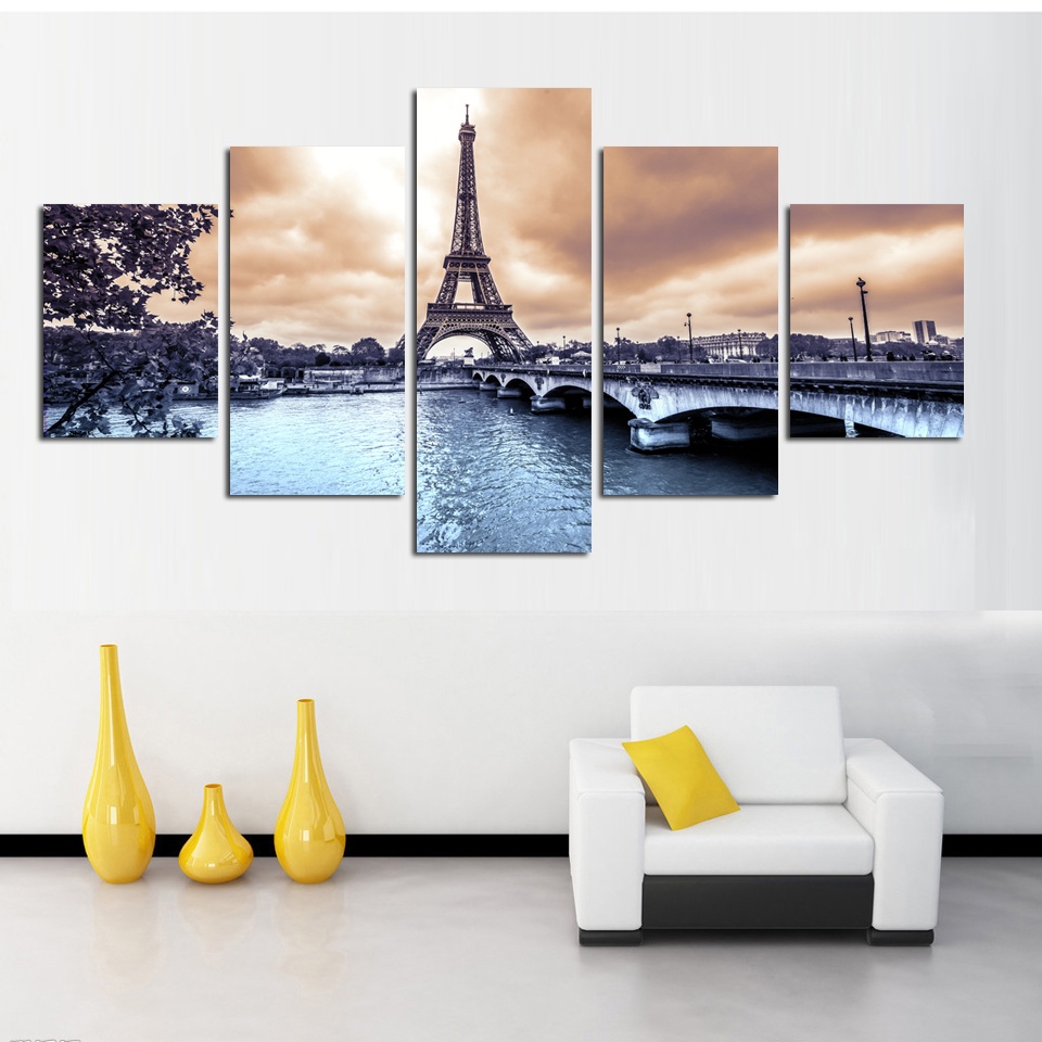 Bộ 5 Tranh Treo Tường Trang Trí Nội Thất Hình Phong Cảnh Tháp Eiffel