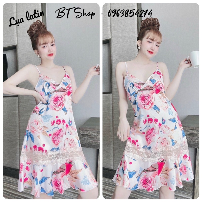 Váy ngủ lụa latin 2 dây đuôi cá phối ren freesize 42-57kg