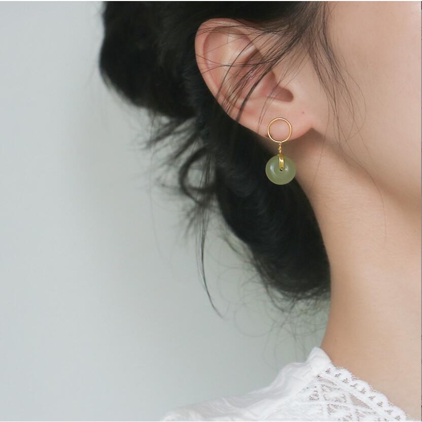 Hoa Tai Hình Tròn Đính Đá Ngọc Bích Không Dị Ứng Thời Trang Dành Cho Bạn Nữ