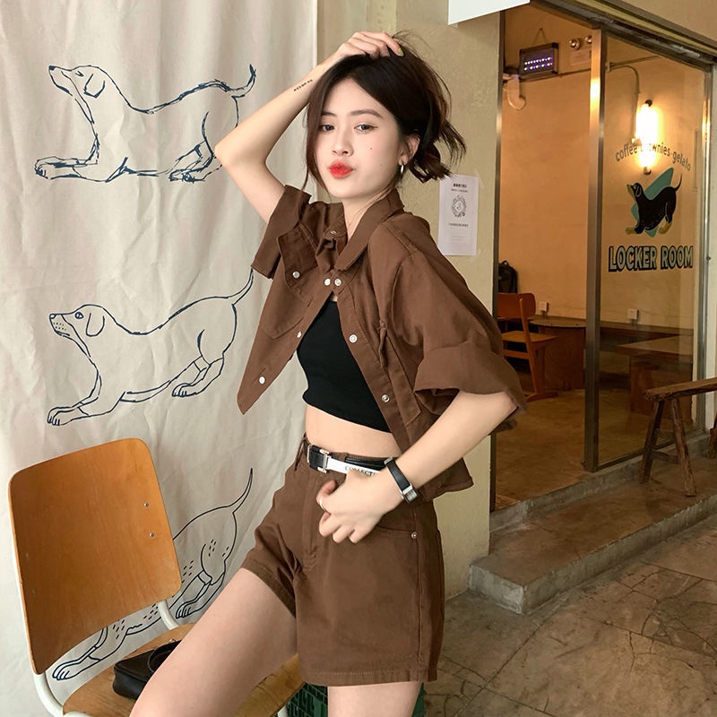 Denim suit women's summer vintage polo collar short-sleeved jacket + fashion wide-leg shorts one piece / two-piece set