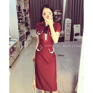 (Bỏ sỉ)Đầm body đỏ phối túi viền trắng đep y hình, siêu hit hot MÃ 2P11019235
