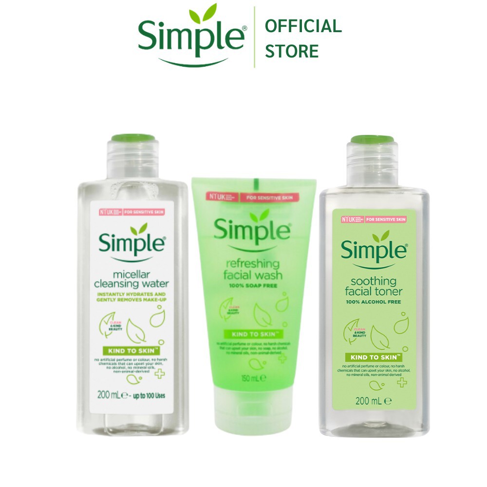 Combo Da Sạch Sâu SIMPLE Kind To Skin Nước Tẩy Trang 200ml + Sữa Rửa Mặt 150ml + Nước Cân Bằng Da Toner 200ml