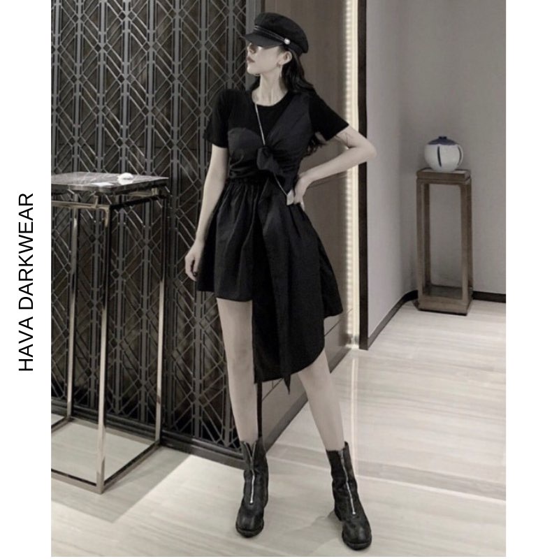 Áo váy thun cộc tay chất thun cotton thân nhún vạt dài ngắn chất thô V82