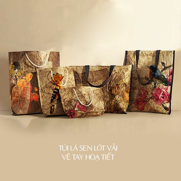 Túi lá sen tự nhiên lót vải - vẽ tay hoạ tiết (lotus leaf bag) 40x30cm
