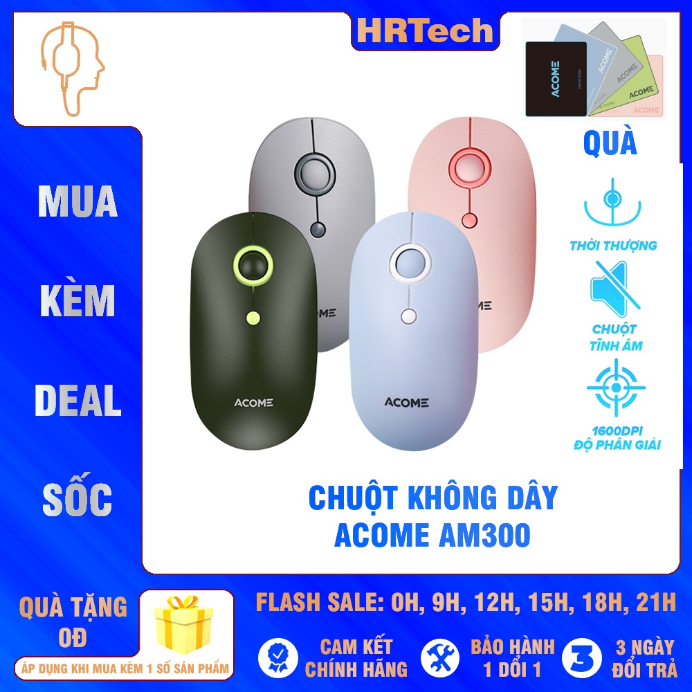 Chuột Không Dây ACOME AM300 2.4GHz Tĩnh Âm Không Gây Ồn Kiểu Dáng Xinh Xắn Tặng Kèm Pin