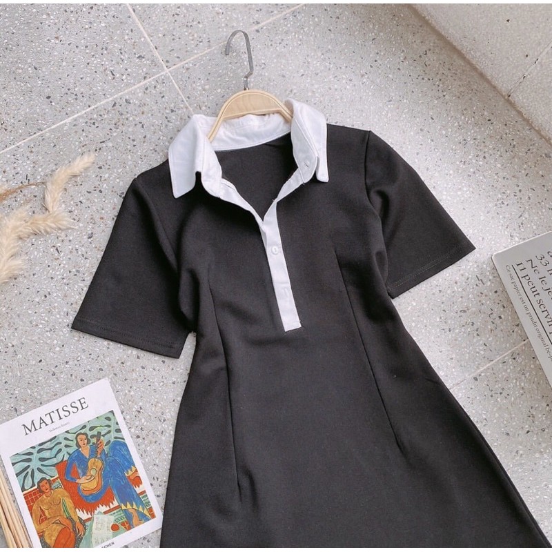 ĐẦM POLO ĐEN PHỐI CỔ TRẮNG