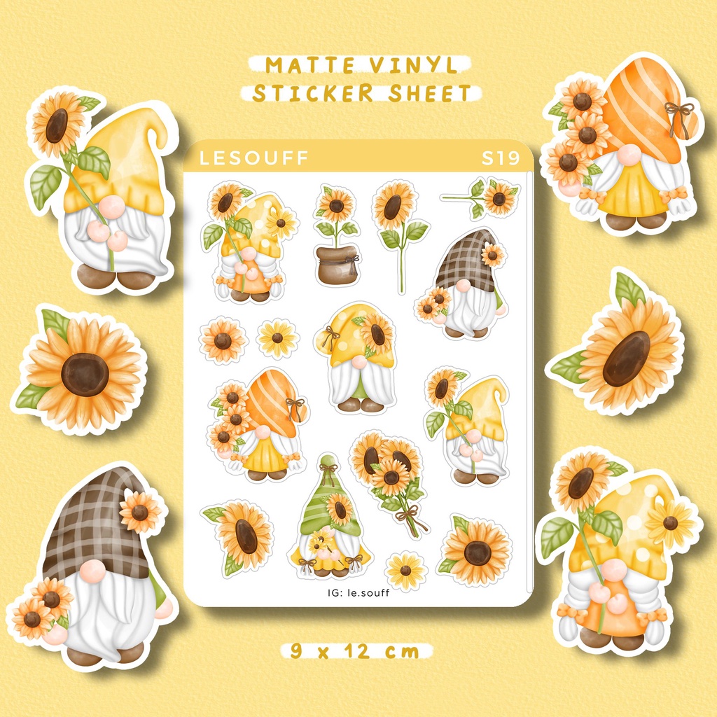 S19 - Sticker chú lùn hoa hướng dương, bullet journal, hình dán sổ tay dễ thương - Lesouff