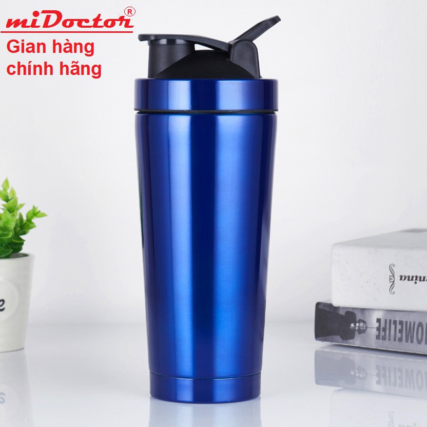 [Đen - Viền Bạc] Bình Lắc Thể Thao Shaker, Bình Lắc Tập Gym Inox Có Giữ Nhiệt, Bình Nước Thể Thao - Chính Hãng miDoctor