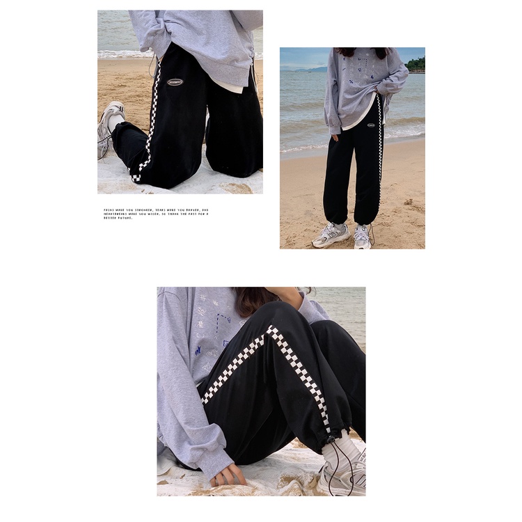 Quần Dài Lưng Cao Ống Rộng Họa Tiết Sọc Caro Phối Dây Rút Phong Cách Hàn Quốc Thời Trang Cho Nữ