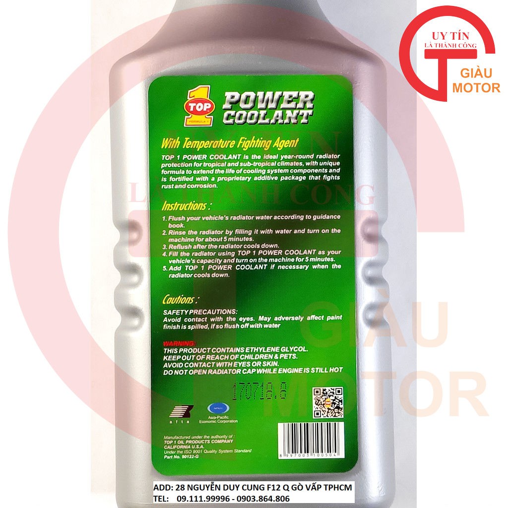 [GIÁ SỐC] NƯỚC LÀM MÁT CHO XE TOP 1 POWER COOLANT 1L CHAI XANH LÁ ,TINH SẢO