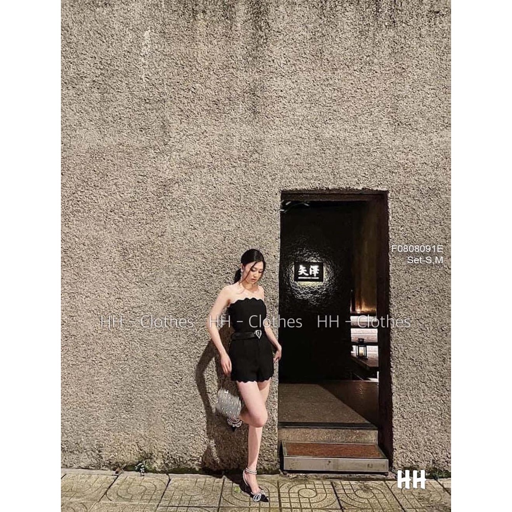 Set đen viền gợn sóng áo quây croptop kèm quần short!
