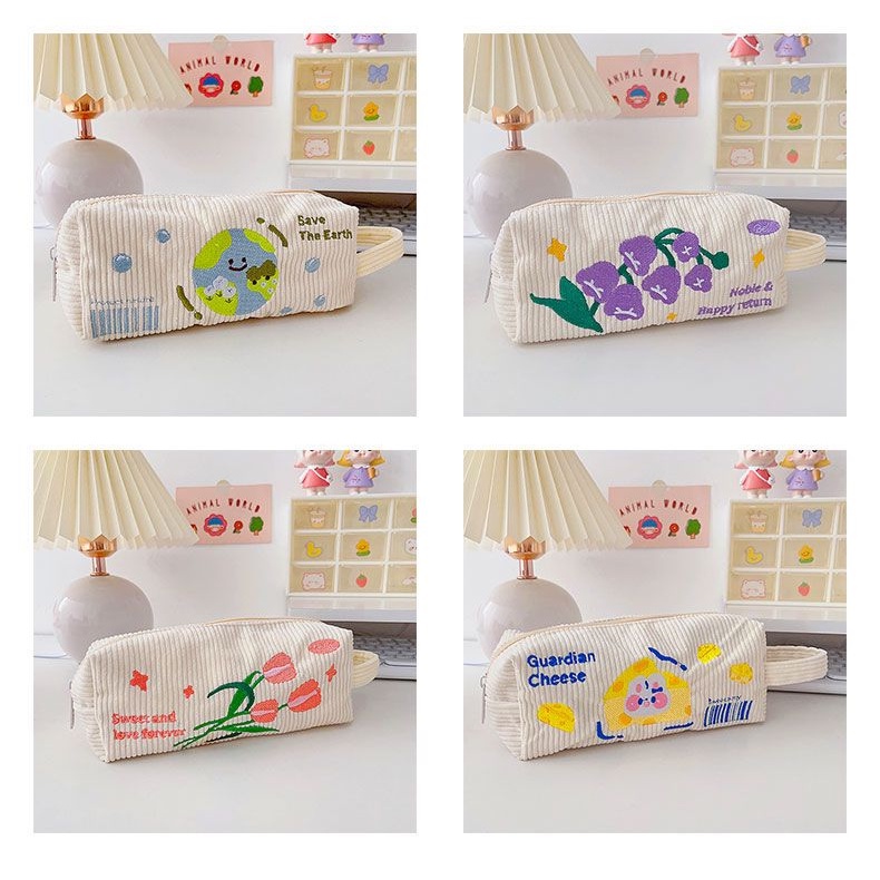 Túi Đựng Bút Chì Thêu Hình Trái Đất Dễ Thương Phong Cách Hàn Quốc Ốp