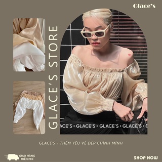 Áo Croptop trễ vai thiết kế dài tay, bo chun mềm chất liệu vải voan tơ Organza, áo Croptop kiểu tay phồng cổ vuông